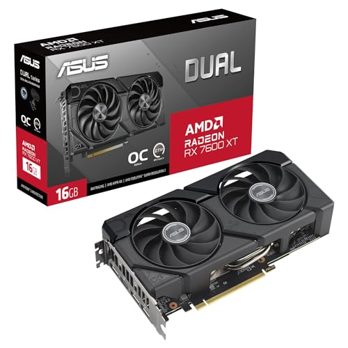 ASUS Dual Radeon RX 7600 XT OC Edition 16GB GDDR6 Gaming Grafikkarte (AMD Radeon RX7600XT, PCIe 4.0, 1x HDMI 2.1, 3x DisplayPort 2.1, DUAL-RX7600XT-O16G)