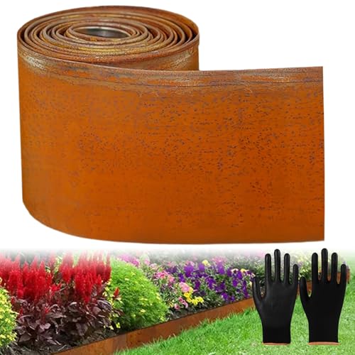 10m x 15.5cm hoch Rasenkante aus Metall,Cortenstahl Rasenkante Rostoptik,Beetumrandung für DIY Lawn,Mähkante Beeteinfassung mit 1 Paar Handschuhe,Rasenkante verzinkt Metall für Garten