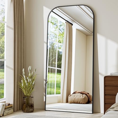 BEAUTYPEAK 180x70 cm Minimalistische Rahmen Standspiegel, Ganzkörperspiegel zur Wandmontage oder Freistehend, Bruchsichere Linse, Großer Wandspiegel für Schlafzimmer, Flur, Wohnzimmer Schwarz