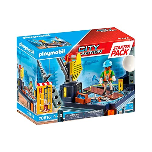 PLAYMOBIL City Action 70816 Starter Pack Baustelle mit Seilwinde, Spielzeug für Kinder ab 4 Jahren