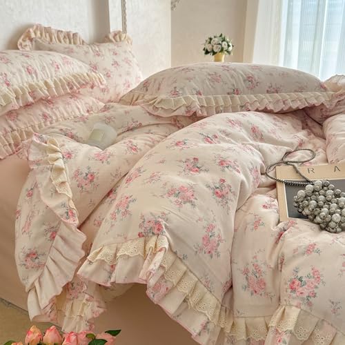 GETIYA Rosa Blumen Bettwäsche 135x200 Baumwolle Doppelgarn Bettbezug Damen Mädchen Baumwollgarn Bettwäsche Set mit Rüschen Weich Baumwolle Deckenbezug Blümchen Muster mit 1 Kissenbezug 80x80