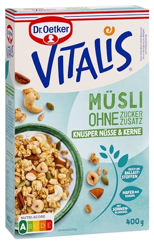 Dr. Oetker Vitalis Müsli ohne Zuckerzusatz Knusper Nüsse & Kerne 4er Pack Knusper Müsli Nüsse & Kerne aus Granola kombiniert mit verschiedenen Nüssen und Kernen (4 x 400g)