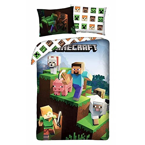 Minecraft Bettwäsche, Limitierte Edition, 100% Baumwolle, wendbar, 140 x 200 cm + Kissenbezug