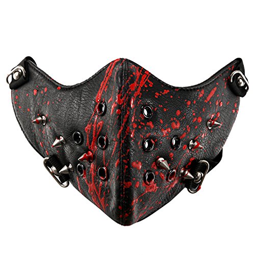 JewelryWe Motorrad Maske Gothic Punk Sturmmaske Skimaske Tarnmaske Half Face Gesicht Maske - Spike Spitze Nieten Schwarz Rot