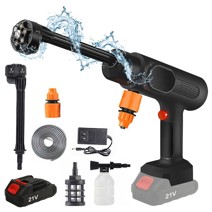 Akku Hochdruckreiniger, 21V Max 95 Bar Tragbarer Mobiler Hochdruckreiniger mit Akku 7500mAh, 6-in-1 Düse, Schaumsprüher, Kabelloser Hochdruckreiniger für Auto, Terrasse, Fenster, Rasen, Pool
