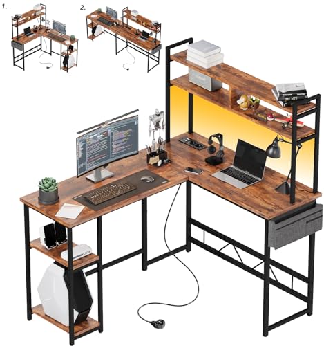 Flamaker Eckschreibtisch 160 * 120CM Reversibel Computertisch mit Bücherregale Schreibtisch L Form mit LED & Powe für Arbeitszimmer und Homeoffice, Vintage Braun