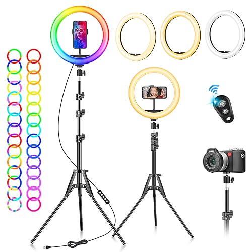 LED Ringlicht mit Stativ Handy 10 Zoll - 40 RGB-modi Dimmbare Selfie Licht Ringleuchte Ring Light Lichtring Ringlampe - Handystativhalter mit Lampe für Smartphone Kamera YouTube Vlog Fotografie