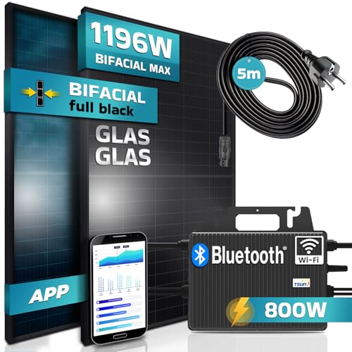 SUNNIVA 1196W Balkonkraftwerk 800W komplett Steckdose - TSUN 800W Wechselrichter - PV Solaranlage Komplettset - 2x 460W BIFAZIAL FULL BLACK Glas/Glas Solarmodule - inkl. 5m Kabel - Bluetooth WIFI