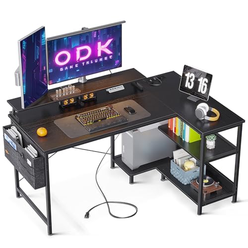 ODK Schreibtisch l Form Schwarz, Gaming Tisch L Form, Eckschreibtisch mit USB-Ladeanschluss & Steckdose, Ecktisch Gaming mit Regal Reversibe & Monitorregal für Büro, Heimbüro, 120x80x88cm