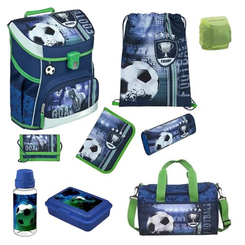 Familando Jungen Schulranzen 1. Klasse · Scooli Campus Fit Schultasche · ergonomisch & leicht · Schulranzen Set für Jungs und Mädchen (9-teiliges Set mit Sporttasche, Fußball Blau)