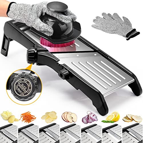 Gemüsehobel, 7-in-1 Verstellbar Mandoline Gemüsehobel, Multifunktion Scheiben, Julienne, Edelstahl Gemüsehobel mit 1 Anti-Schneid-Handschuhe，1 Reinigungsbürste