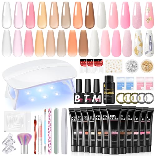 COSCELIA Poly Nagel Gel Set, Poly Nail Gelnägel Starterset mit UV/LED Lampe 12 Farben Nagelverlängerung Set mit Base Top Coat Gel Nägel Selber Set Machen Zu Hause