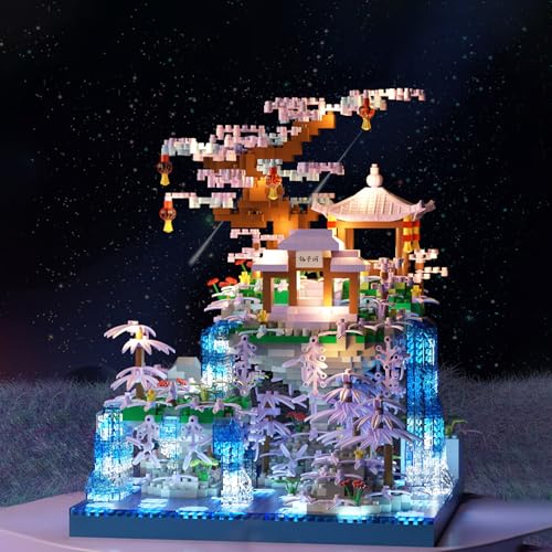 2436Teile Micro Bausteine,Pfirsichblüten Teich Architektur Mini Baustein,Klemmbausteine Haus mit LED,Sakura-Baumhaus-Bausatz für Erwachsene,Modular Architektur Spielzeug Nicht Kompatibel mit Lego Haus