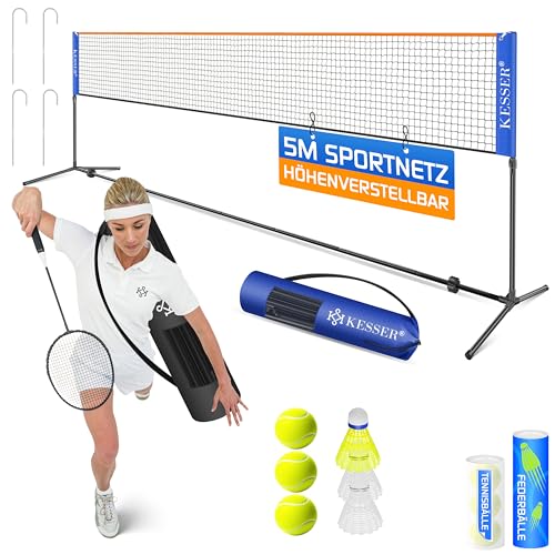 KESSER® Badmintonnetz, Tennisnetz | 300cm | 400cm | 500 cm | Federballnetz 3-Fach-Höhenverstellbar, Set bestehend aus Netz, 3X Federball, stabilem Eisen-Gestell, Transporttasche, Indoor & Outdoor