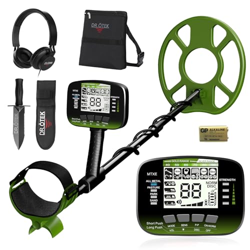 DR.ÖTEK Metalldetektor, Leicht Metalldetektoren Kit für Erwachsene und Kinder, Golddetektor mit wasserdichte Suchspule, Hochpräziser, LCD Display, Pinpoint, DISC, All Metal, und 3 Terrain-Mods, Grün