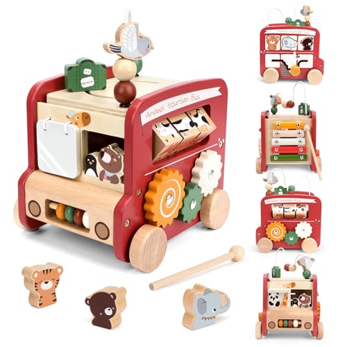 Lueirltoy Motorikwürfel Holzspielzeug Motorikschleife, 9 in 1 Hölzerne Aktivität Würfel für Ab 1 Jahr Spielzeug Bus Holz Aktivitätswürfel Cube Baby Holzspielzeug kinderspielzeug
