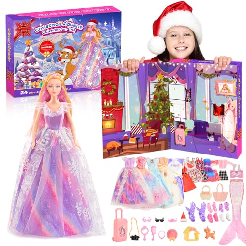 HappyGoLucky Adventskalender 2024 Kinder Mädchen, Geschenk Mädchen 3 4 5 6 7 8 9 10 11 Jahre Spielzeug ab 3-8 Jahre Mädchen Weihnachts Geschenke für Mädchen Weihnachtskalender Kleidung für Puppe