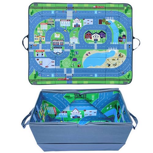HECKBO 4-in-1 Auto Organizer und Spielteppich - Kinder Spielzeug-Aufbewahrungsbox - Faltbare Spielmatte mit Straßenmotiv - Sichere Befestigung im Auto, 91cm x 72cm