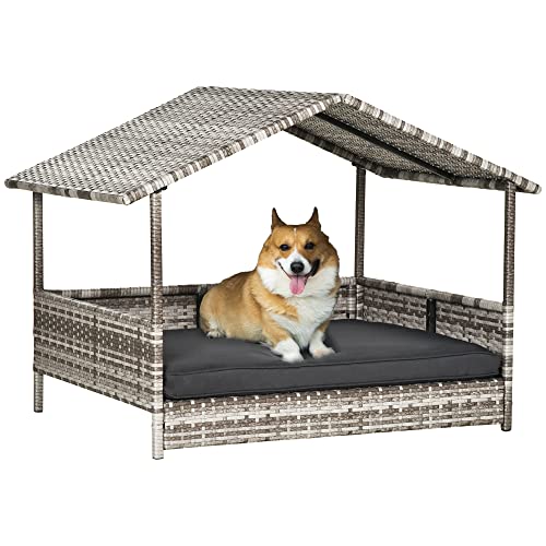 PawHut Rattan Hundehaus mit Kissen, Hundebett im Hausform, Outdoor Hundehütte, Stahlrahmen, PP, Grau, 69 x 98 x 70 cm