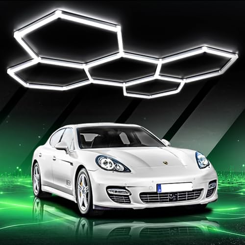 LED Hexagon Beleuchtung-24pcs Röhrenleuchten, 192W 6500K Superhell verknüpfbare LED-Deckenleuchten für Garage, Werkstatt, Fitnessstudio, Keller, Auto-Schönheitssalon, Autopflegegeschäft (5-Hex)