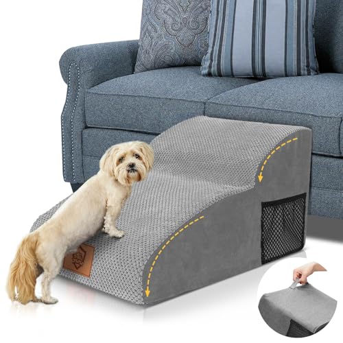 Midyb Hundetreppe für Kleine Hunde 2 Stufen, Haustiertreppe 30cm Hoch mit Hochdichter Schwamm & Waschbar Bezug, Tragbar Hunderampe für Sofa Bett, Grau