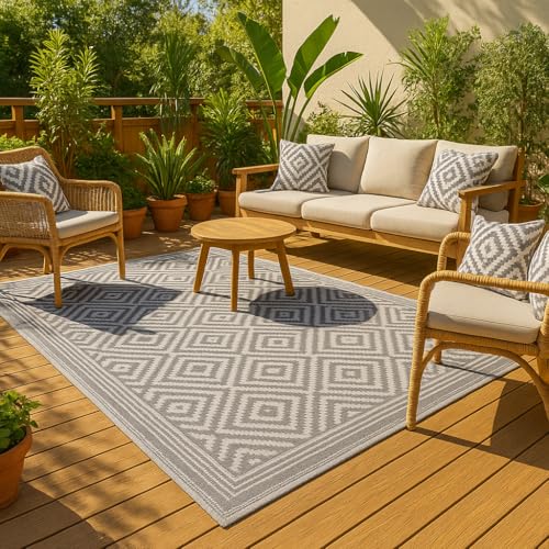 KAMACA Outdoor Teppich Raute wetterfest UV beständig wendbar für Balkon Terrasse Garten Wohnmobil Camping Robuste und Pflegeleichte Campingmatte für alle Außenbereiche (Teppich 120 x 180 cm grau)