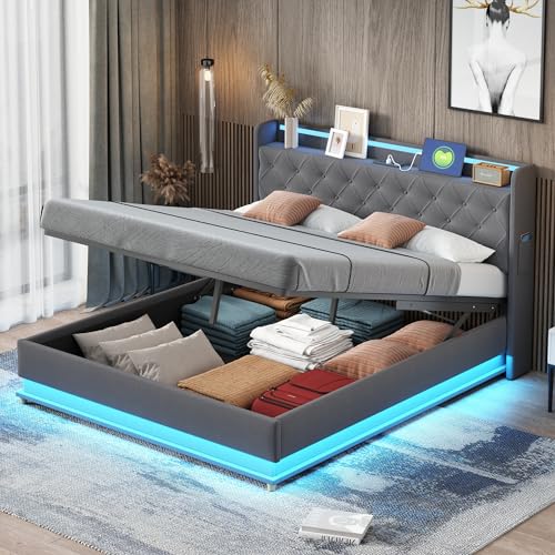 LED-Polsterbett 160X200 cm, Bett mit Großer Stauraum & Lattenrost, Bettgestell Metall Boxspringbett, Polster Kopfteil mit Regal und USB-Ladeanschluss, Hautfreundlicher Leinenstoff (Grau, 160X200 cm)