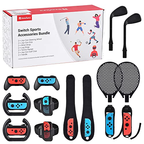 innoAura 14 in 1 Switch Sport Zubehör Bündel, NS Switch Sports Bundle mit Switch Lenkrad, Switch Joycon Griff, Tennisschläger, Glof Club, Handgelenkriemen, Beingurt Kompatibel mit Switch/Switch OLED