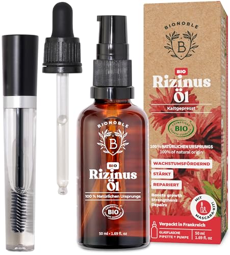 Bionoble Rizinusöl Bio 50ml - 100% Rein, Natürlich, Kaltgepresst - Wimpern, Augenbrauen, Haare, Nägel - Vegan, Cruelty Free - Castor Oil - Glasflasche + Pipette + Pumpe + Mascara Kit