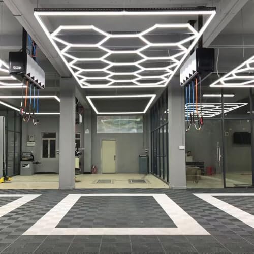 XAEIOW 14pcs Hexagon Waben LED Licht mit Rahmen, 65W 6500K Super helle reine weiße LED Garage Werkstatt Werkstatt Beleuchtung für Keller, Lager, Auto Schönheitssalon, Auto Detailing Shop, Haus, Büro