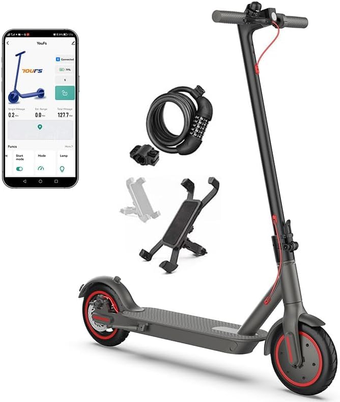 Faltbarer Elektroroller für Erwachsene, 8,5 Zoll / 10,4 Ah Akku der Klasse A, Laufzeit 25~35 km, App-Anschluss, mit Schloss und Telefonhalterung