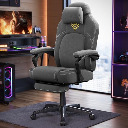SONGMICS HOME Gaming-Stuhl, ergonomischer Computerstuhl mit Fußstütze, Bürostuhl, Drehstuhl mit Kopfkissen, Baumwoll-Leinen-Mischgewebe, höhenverstellbar, Taubengrau OBG072G01