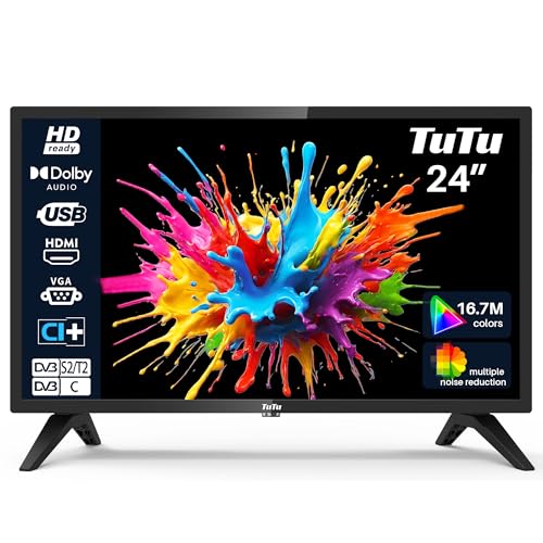 TuTu Fernseher 24 Zoll (60 cm) HD LED TV mit Triple Tuner (DVB-T/T2-C-S/S2), USB Media Player, HDMI, VGA, CI/CI+, Hotelmodus (2024, 220 Volt)