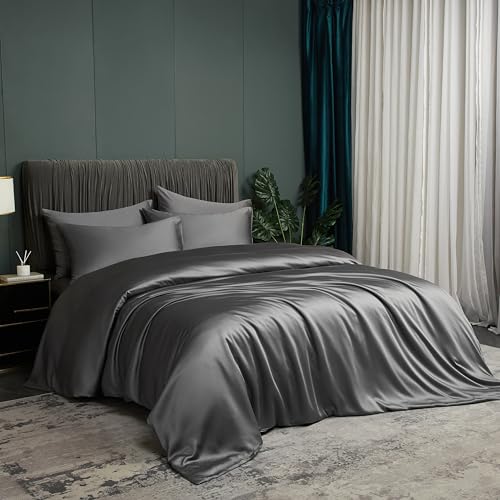 DXHOME Bettwäsche Bambus 155x220cm Grau Dunkelgrau Uni 100% Natürlichem Bambus Sommerbettwäsche Atmungsaktiv Kühle Bettbezug-Set Doppelbett Bettbezug mit Reißverschluss und 2 Kissenbezüge 80x80cm