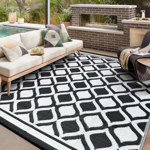 VK·LIVING Outdoor Teppich Wetterfest 120X180cm Kunststoff Stroh Reversible Garten Outdoorteppich Langlebig & UV Beständig Moderne Leichte Outdoor Matte für Balkon Terrassen Camping Hof Schwarz & Weiß