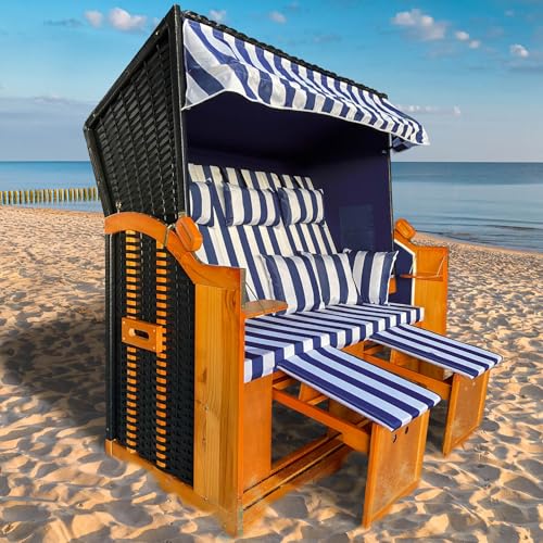 BRAST® Strandkorb Ostsee 3-Sitzer XL für 2-3 Personen | 155cm breit | 2 Designs | Tragkraft bis zu 500kg | verstellbare Rückenlehne | Blau/Weiß - gestreift