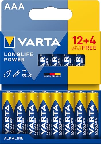 VARTA Batterien AAA, 12+4 (16 Stück), Longlife Power, Alkaline, 1,5V, ideal für Spielzeug, Funkmaus, Taschenlampen, Verpackung zu 90% recycelt, Made in Germany