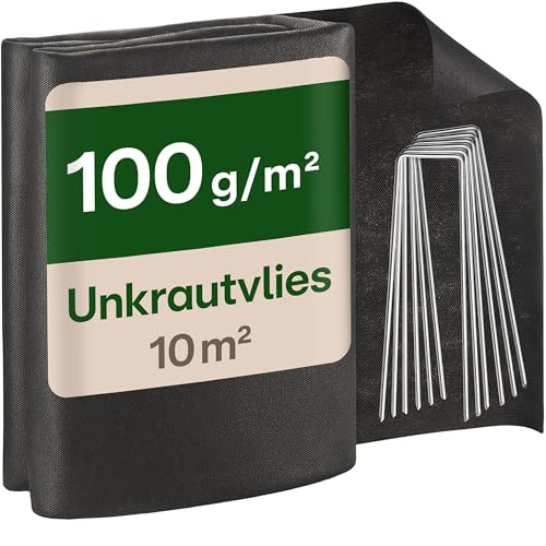 Praknu Unkrautvlies 100g/m² mit 8 Erdankern - 10m² (2x5m) - Reißfeste & Wasserdurchlässige Unkrautfolie für Garten, Hochbeete & Terrassen