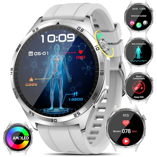 2024 New Smartwatch EKG+HRV/Harnsäure/BMI Herren Damen Rund 1,43' AMOLED Gesundheitsuhr mit Telefonfunktion, 24H Herzfrequenz SPO2 Blutdruck Körpertemperatur Schlafmonitor Fitnessuhr für Android/iOS