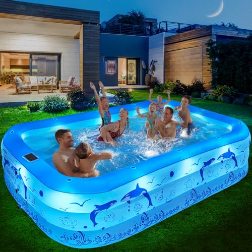 LanBlu Aufblasbarer Pool Erwachsene mit Lichtern, Solar Swimming Pool mit 12 Beleuchtungmodi, Planschbecken Groß 240X150X55CM Aufblasbarer Familienpool, Aufstellpool Aufblasbar für Garten Erwachsene