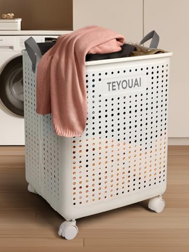 67L Rollender Plastik Zusammenklappbarer Wäschekorb Würfel-Lagerbehälter Box Organizer mit Rädern Griff Durable belüftet faltbar Hamper für Hochschule Schlafsaal Essentials Schlafzimmer schmutzige