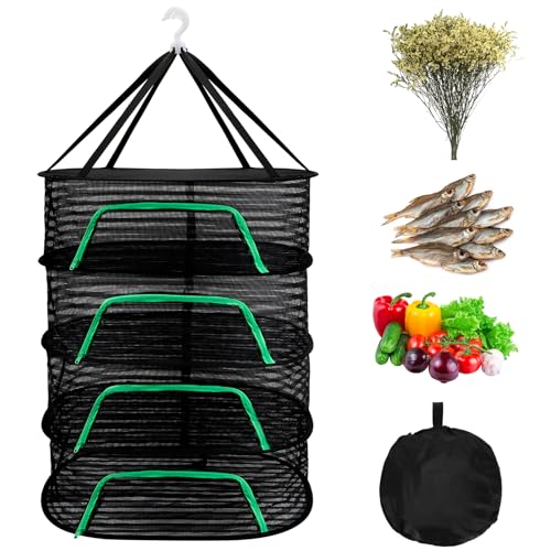 Dadabig Trockennetz 4-Lagiges Mesh Kräutertrockner Trockennetze zum Aufhängen Trocknungsnetz für Pflanzen Blumen Zwiebeln Fisch Gemüse mit Reißverschluss Hängenetz(40 * 60 * 88cm)