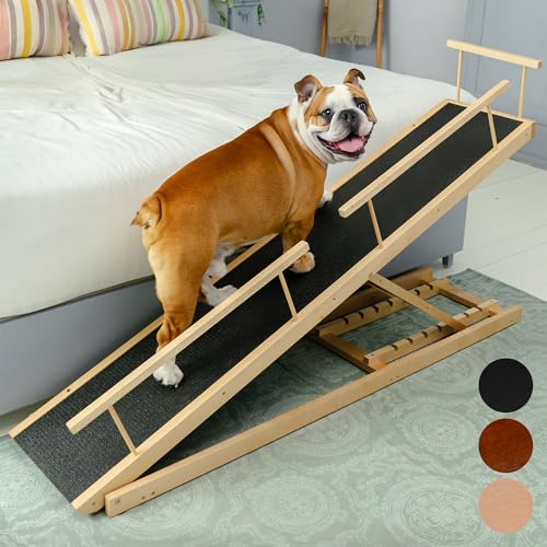 Hunderampe Bett PRIORPET aus Birkenholz mit Sicherheitsgeländer - Höhenverstellbare hundetreppe für Betten bis zu 94.5cm - Klappbar - Anti-Rutsch-Griff - Für kleine Hunde bis zu 23kg - Naturel