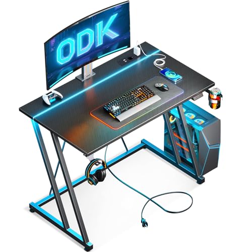 ODK Gaming Tisch mit LED & Steckdose, Gaming Schreibtisch mit Becherhalter und Kopfhörerhaken, Doppel-Z-Rahmen-Design Kleiner Computertisch, Carbon Fiber Schwarz PC Tisch 80 cm