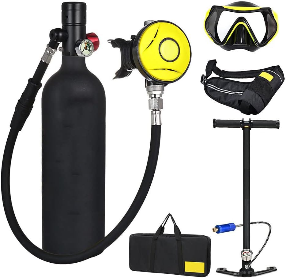 AUNLPB Scuba Tank Sauerstoffflasche Tauchen Scuba Diving Mini Tauchflasche Tragbare Tauchausrüstung Set Taucher Ausrüstung Mit Pumpe Atemfreiheit unter Wasser für 15 bis 20 Minuten, Schwarz,1L