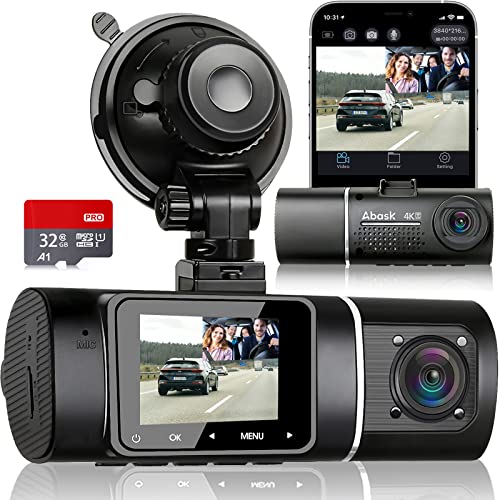 Abask Dashcam Auto 4K WiFi Dash Cam Vorne Innen mit 32GB SD-Karte, 310° Weitwinkelansicht, Autokamera mit Parküberwachung, Bewegungserkennung, Infrarot Nachtsicht, G-Sensor, Loop-Aufnahm, HDR, Akku
