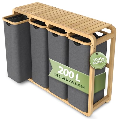 AMBIAVO® Wäschekorb 4 Fächer grau 200 L – Platzsparendes Design – 50L pro Fach - Stabile Bambuskonstruktion – Ablagefläche – Herausnehmbare, waschbare Wäschesäcke