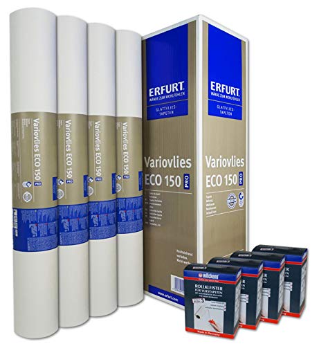 WACOLIT-SET 4 Rollen 75m² ERFURT Eco Vlies 150g + 4x Wilckens Rollkleister, Variovlies Malervlies überstreichbare Vliestapete