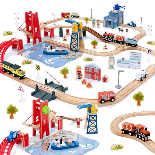 Giant bean Holzeisenbahn Set, 117 Pcs City-Zugset für Kinder Erweiterbares Holzeisenbahn-Set, Kleinkindspielzeug, Geschenk für Jungen und Mädchen ab 3 Jahren