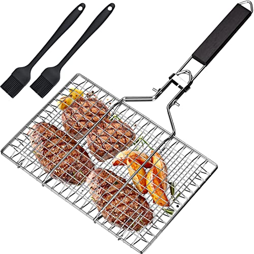 Grillkorb Fischbräter, Fisch-Grillkorb, Edelstahl Barbecue Grillschale, Faltbar, Tragbar, Rostfreie Zubehör Körbe zum Grillen, Grillkorb für Fisch und Gemüse, mit Oxford-Tasche & 2 Silikonbürste